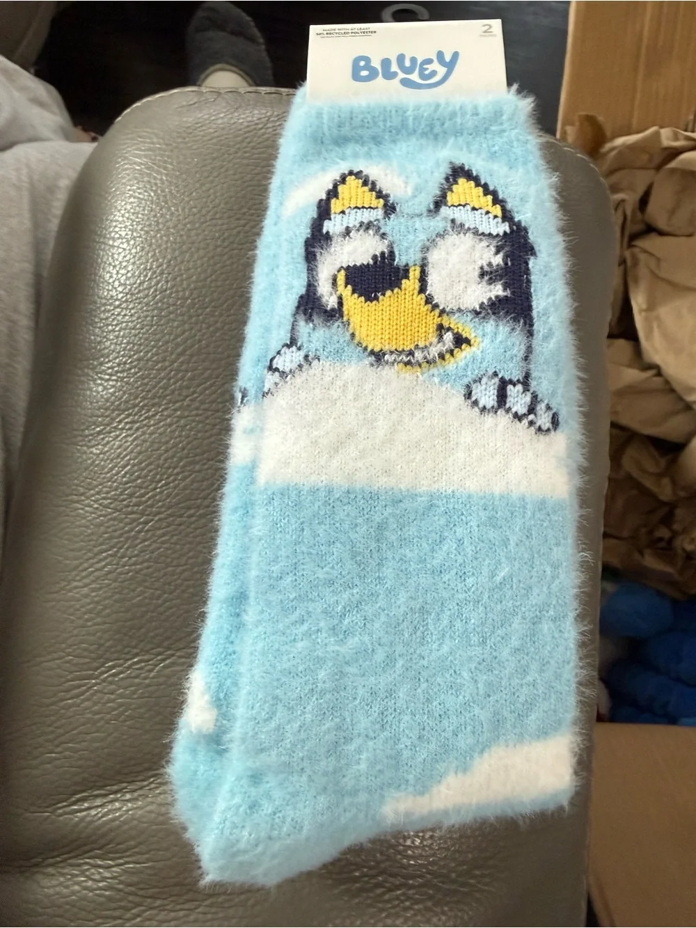Bluey Plush Fuzzy Socks - Light Blue & White with Yellow Accent. 2 pair